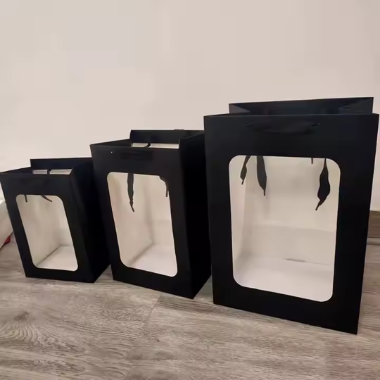 Black Kraft Gift Boxes With Clear Window And Rope Handle 