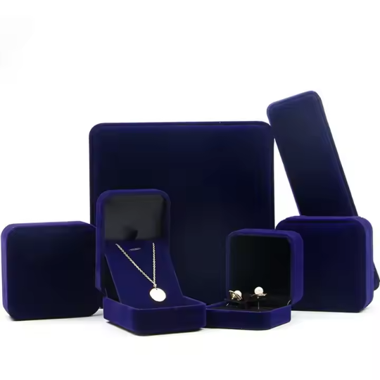 Black Rim Decorate Blue Velvet Jewelry Boxes Packaging Wholesale 