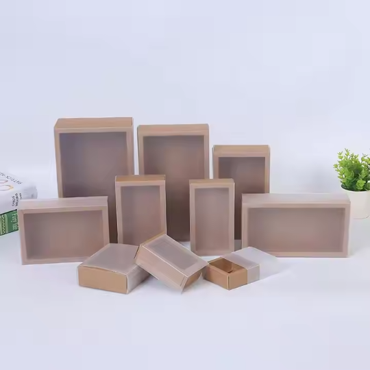 Brown Kraft Paper Slide Drawer Box Packaging in Frosted PVC Sleeve 