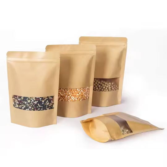 Resealable Stand-Up Brown Kraft Paper Zipper Pouch Bag with Window 