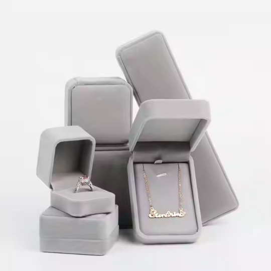 Grey Rim Decorate Beige Velvet Jewelry Boxes Packaging Wholesale 