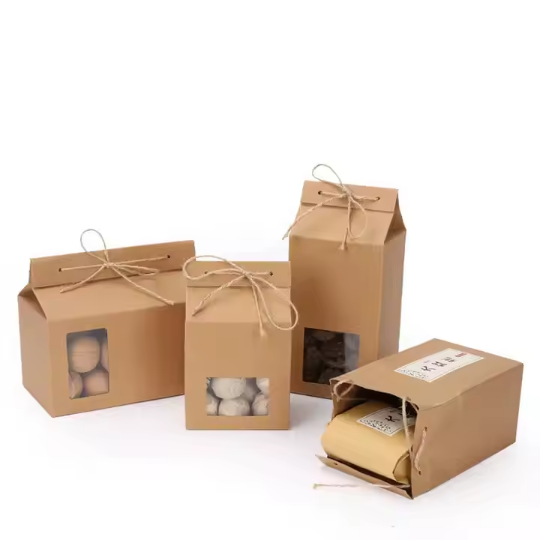 Brown Kraft Paper Gift Boxes With Handle & Clear Window Tea Packaging 