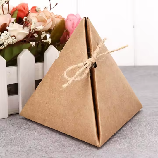 Triangle Top Kraft Tea Boxes With A Wooden Ring & Rubber Band Closure 