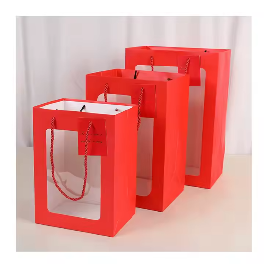 Red Printed Flat Paper Handle Kraft Gift Bags With Window, Maple Hangtag 