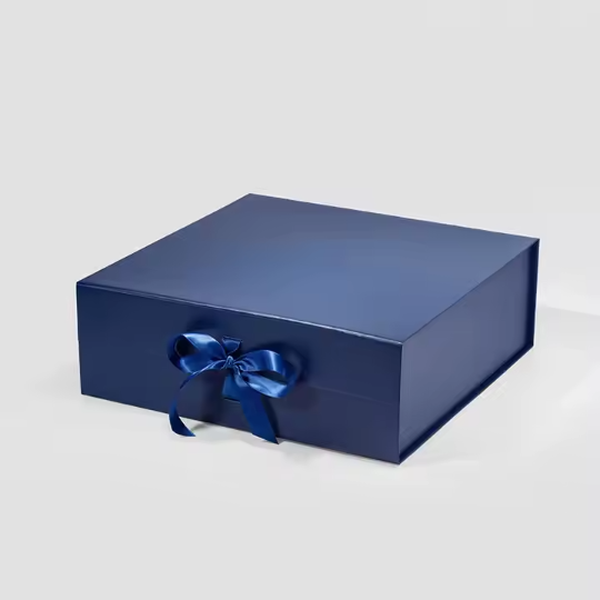 Silk Ribbon Closure Blue Kraft Paper Flat Pack Gift Boxes Wholesale 