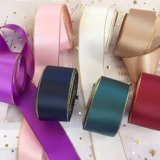 20mm Width Color Silk Ribbon With Gold Edge For Packaging Decoration 