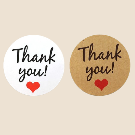 Thank You Sticker Label in White and Brown with Black Text and Red Heart Design 