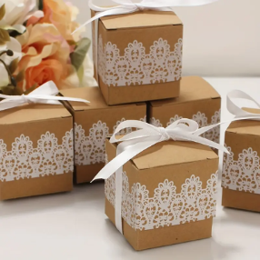 White Ink Printed Brown Kraft Favor Boxes Wholesale With Silk Decoration 