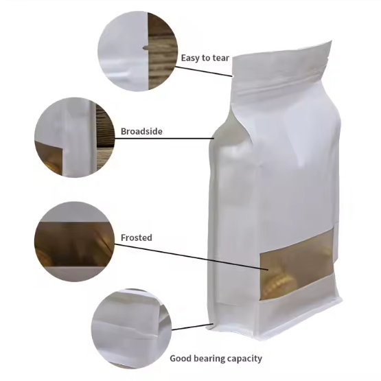 White Kraft Paper Stand-Up Pouch with Side Gusset, Flat Base, and Dull Window 